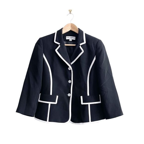A & K Designs Cropped Blazer Jacket Women's 6P Black White Trim Notched Lapels - Picture 1 of 10